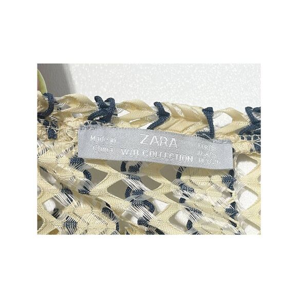 Zara W/B Dress Mesh Sheer Open Knit Unlined Ruffle Short Sleeve Cream Blue Small - Picture 2 of 12